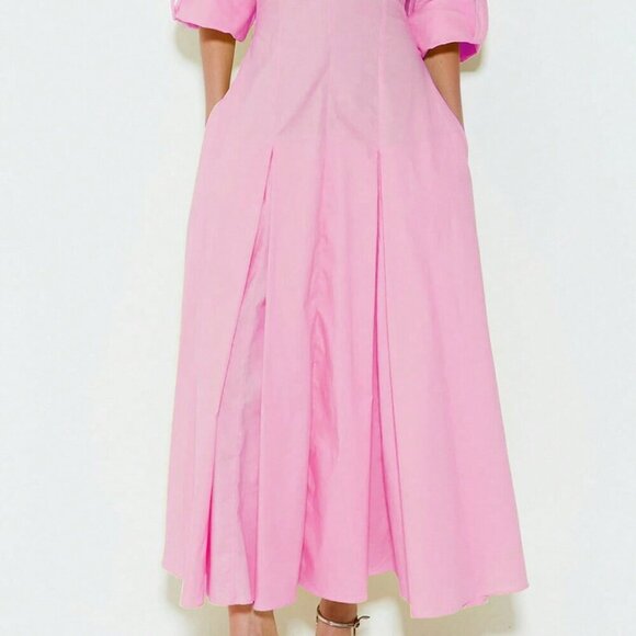 Pink Elegant Women's V-Neck Long Sleeve Maxi Dress with Flared Hem - Picture 2 of 3